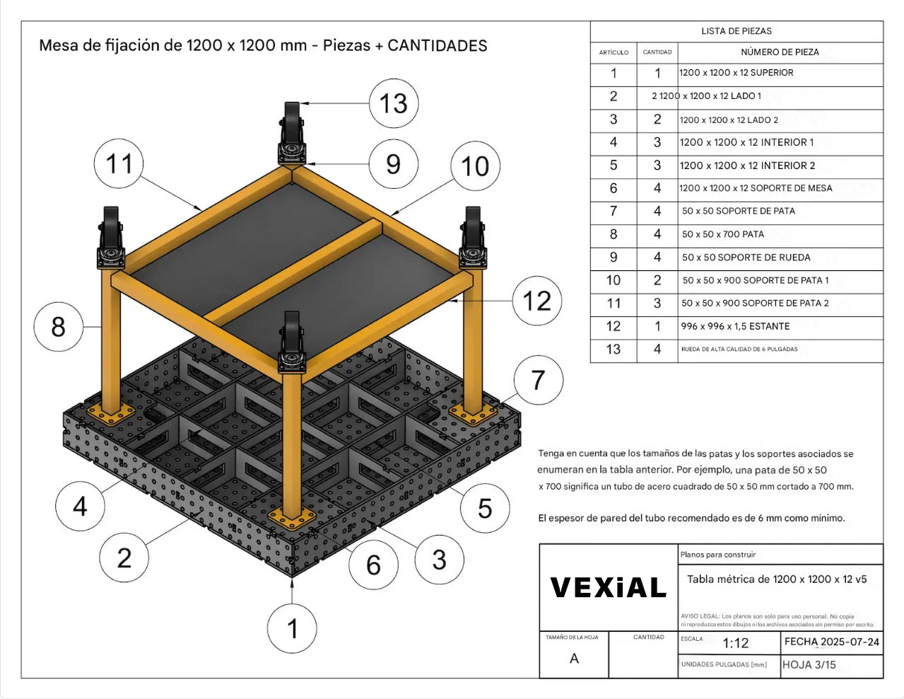 PLANOS MESA DE SUJECION PARA SOLDADOR (1200x1200x1000(h)mm) (plancha 12mm)