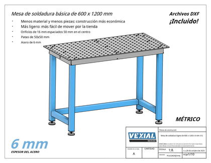 Planos para Mesa Básica de Soldadura - 1200 x 600 mm - Acero de 6mm o 1/4