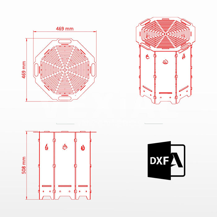 ARCHIVOS DXF PARA PARRILLA EXAGONAL PLEGABLE (469x469x508(h)mm) - MALETIN