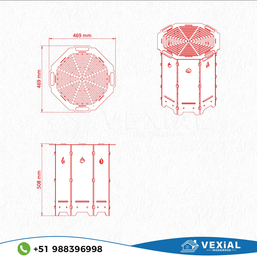 ARCHIVOS DXF PARA PARRILLA EXAGONAL PLEGABLE (469x469x508(h)mm) - MALETIN