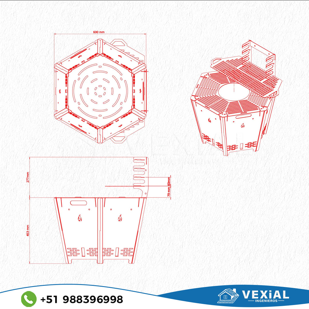 ARCHIVOS DXF PARA PARRILLA BAJA EXAGONAL PLEGABLE (469 x 469 x 453(h)+277(h)) - MALETIN