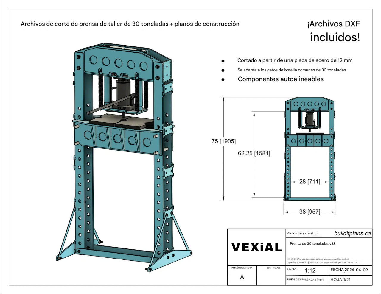 PLANOS PARA PRENSA PLEGADORA DE 30 TONELADAS (PDF + DXF) PARA TRABAJO PESADO