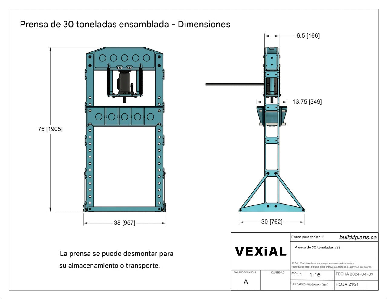 PLANOS PARA PRENSA PLEGADORA DE 30 TONELADAS (PDF + DXF) PARA TRABAJO PESADO