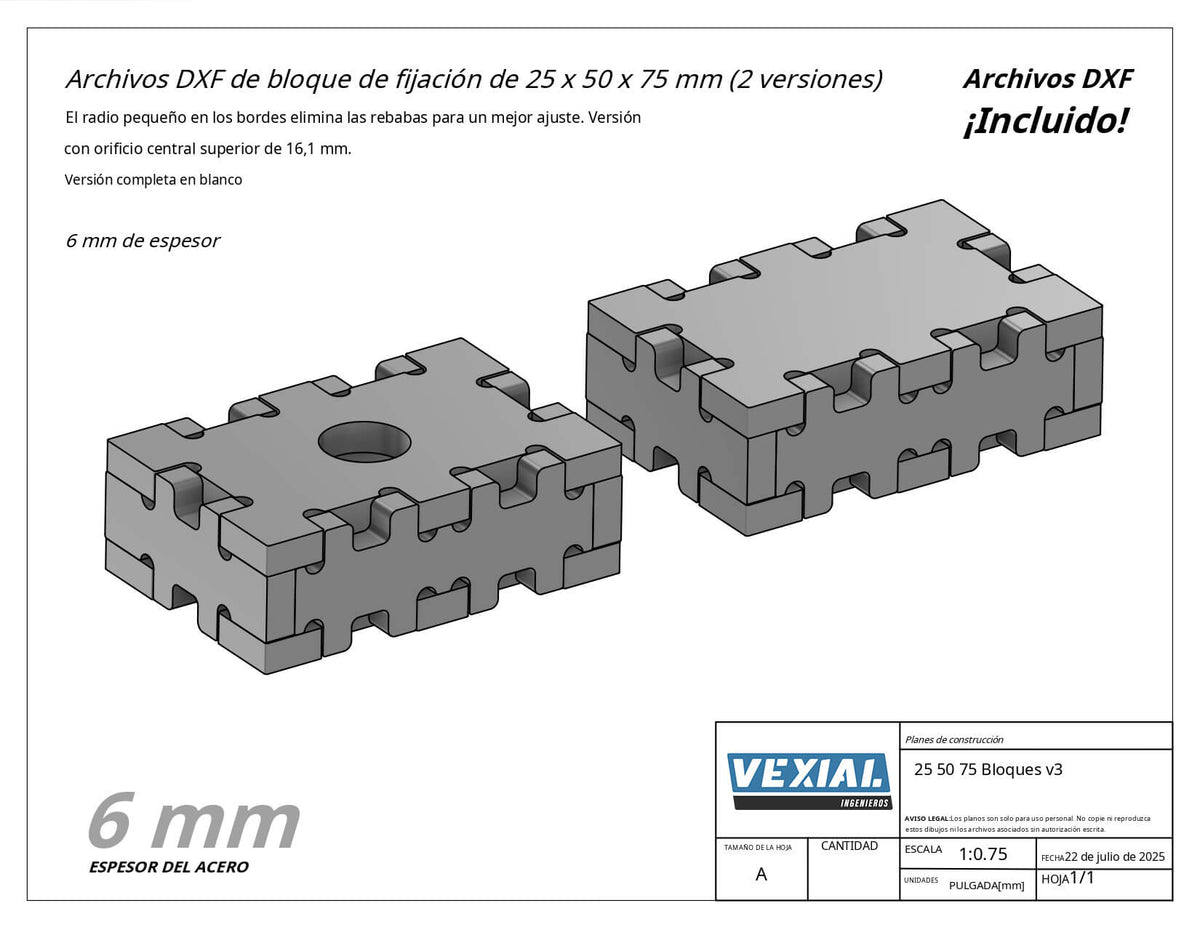 Planos para Fabricar Bloque de Fijación 25x50x75mm - Plancha 6mm o 1/4" - 2 Versiones