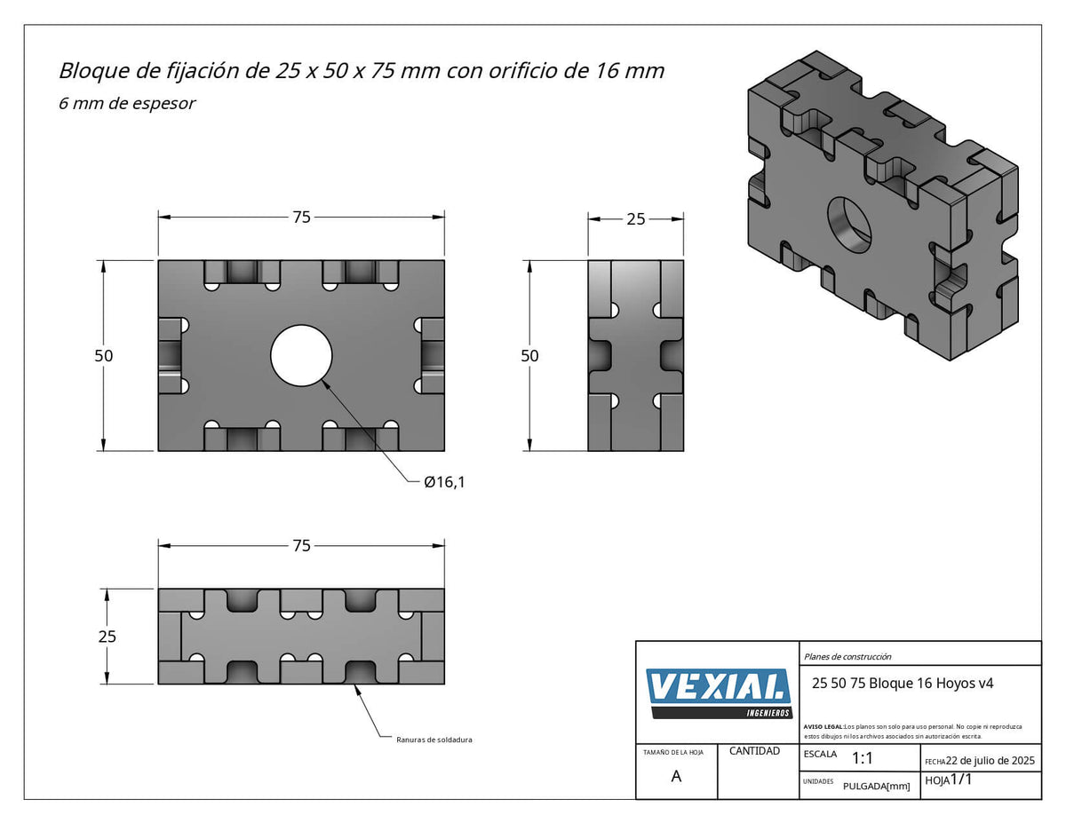 Planos para Fabricar Bloque de Fijación 25x50x75mm - Plancha 6mm o 1/4" - 2 Versiones