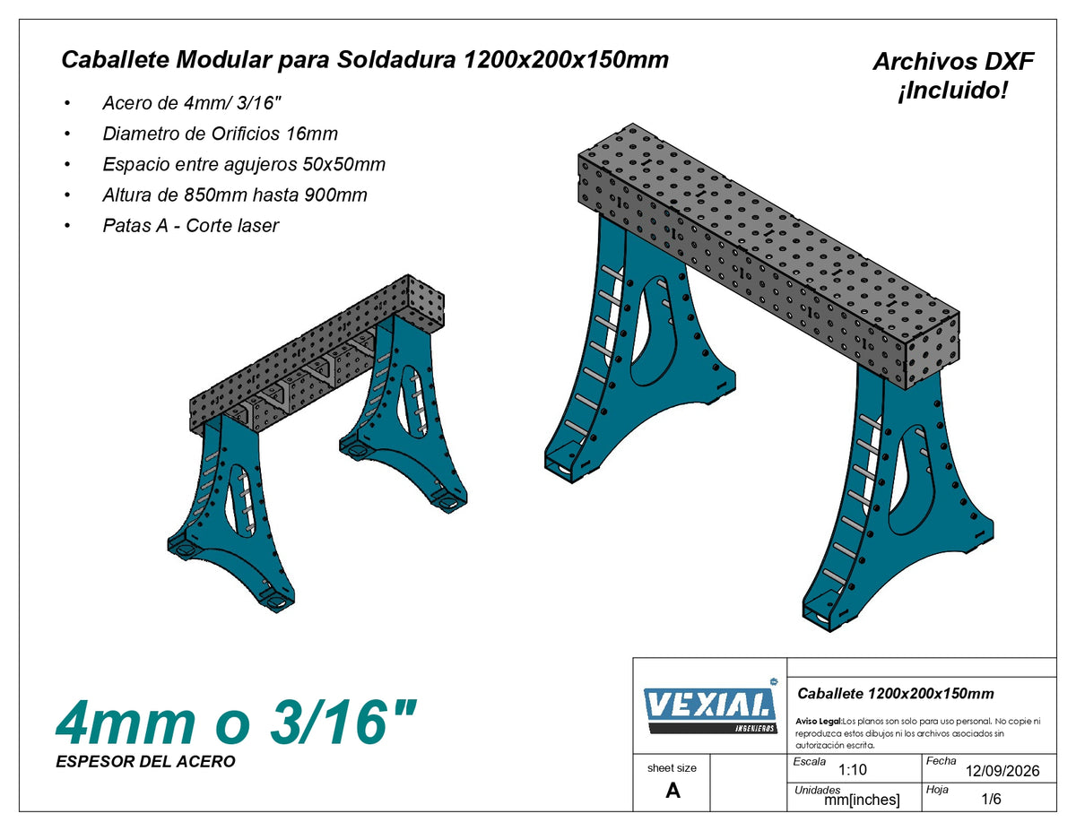 Planos para Caballete Modular de soldadura - Acero de 4mm o 3/16"