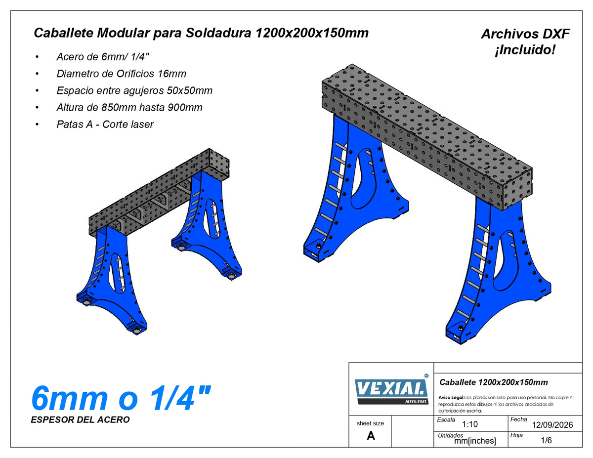 Planos para Caballete Modular de soldadura - Acero de 6mm o 1/4"