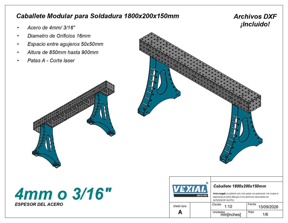Planos para Caballete Modular de soldadura - Acero de 4mm o 3/16"