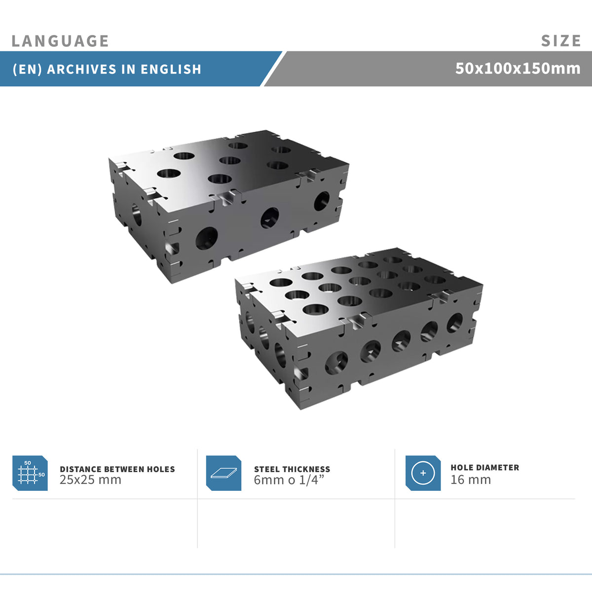 Planos para Fabricar Bloque de Fijación 50x100x150mm - Plancha 6mm o 1/4" - 2 Versiones