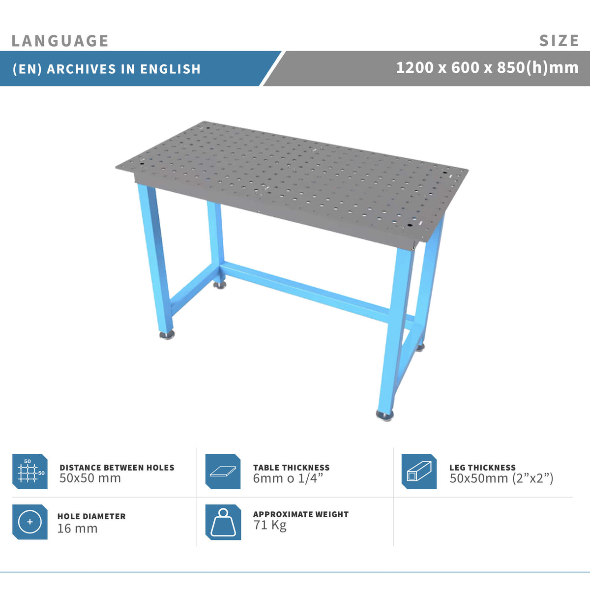 Planos para Mesa Básica de Soldadura - 1200 x 600 mm - Acero de 6mm o 1/4"