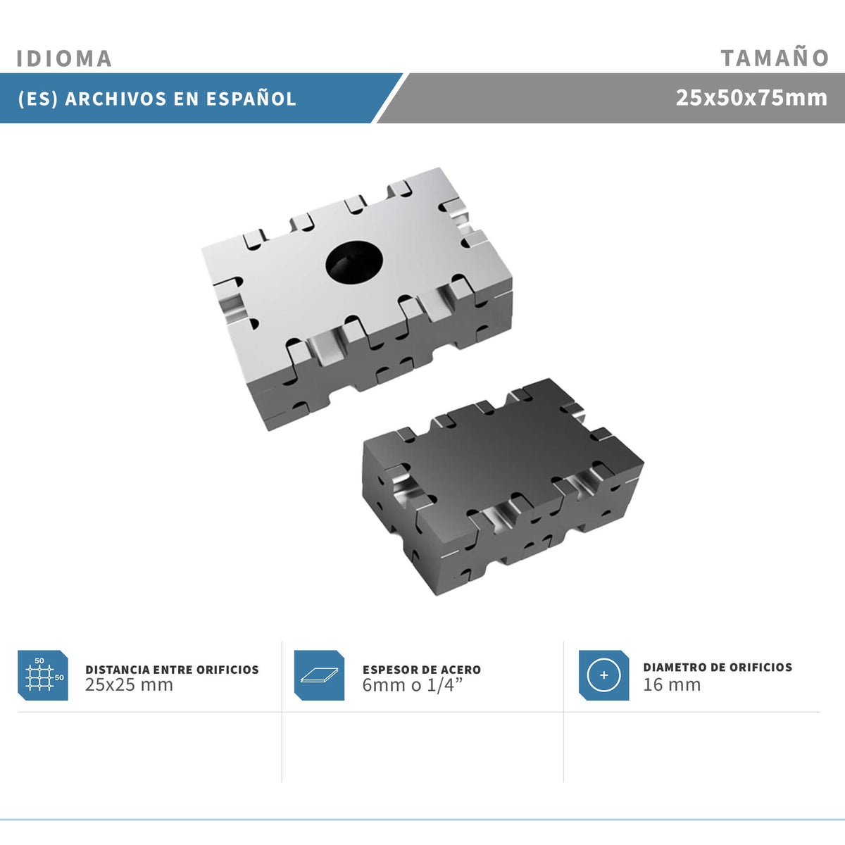 Planos para Fabricar Bloque de Fijación 25x50x75mm - Plancha 6mm o 1/4" - 2 Versiones