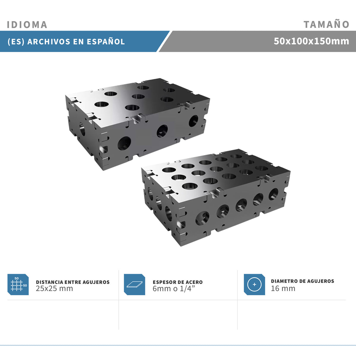 Planos para Fabricar Bloque de Fijación 50x100x150mm - Plancha 6mm o 1/4" - 2 Versiones