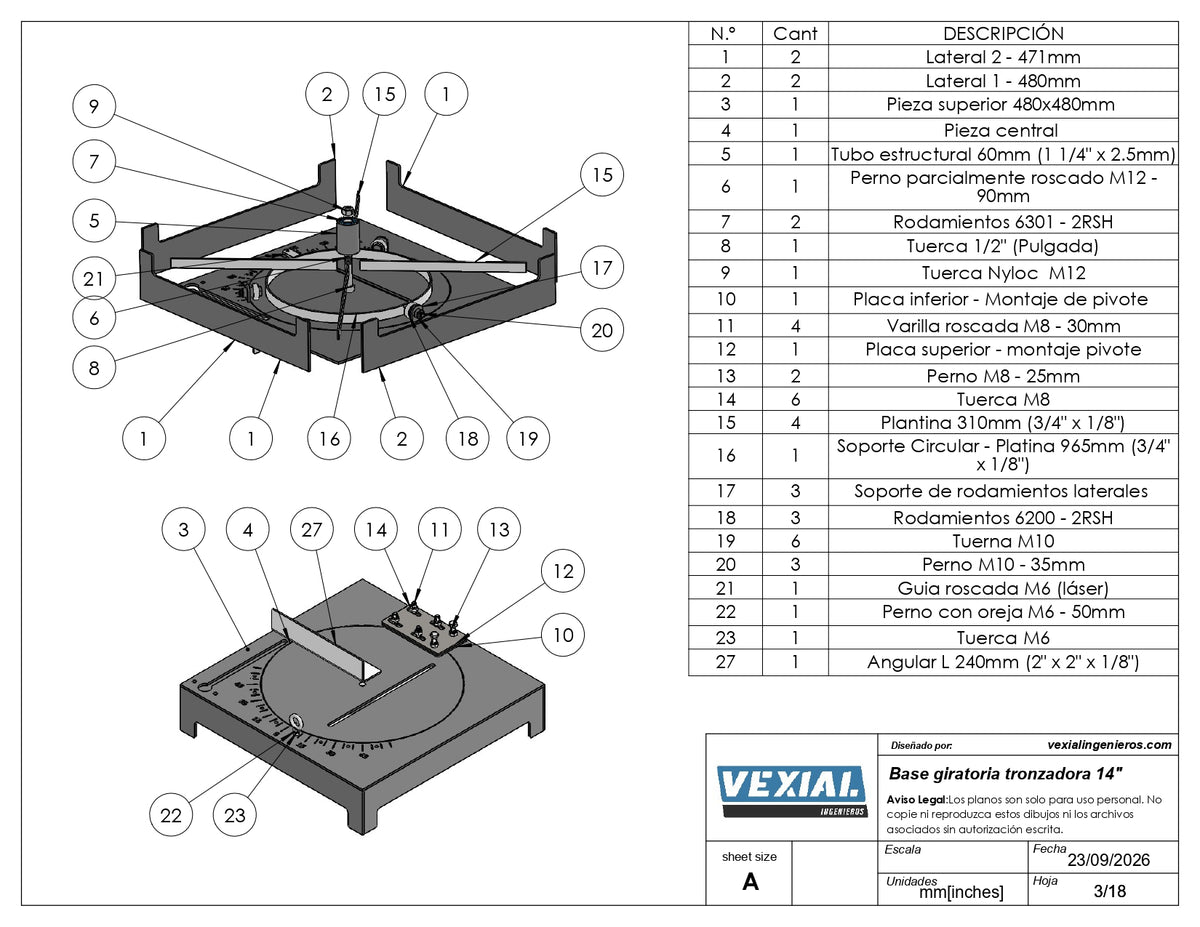Planos de Base Giratoria para Tronzadora 14" - 4mm o 3/16"