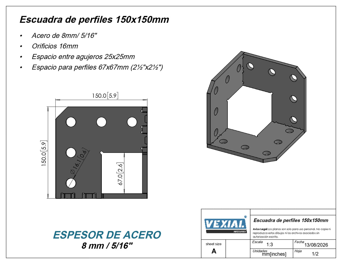 Planos Escuadra de Perfiles 150x150mm - Perfiles 67x67mm - 8mm