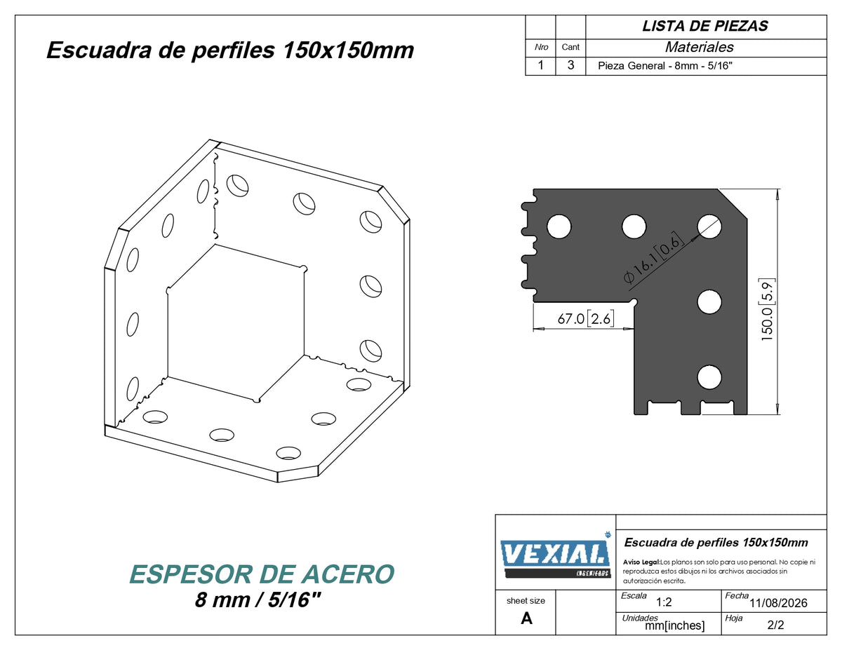 Planos Escuadra de Perfiles 150x150mm - Perfiles 67x67mm - 8mm