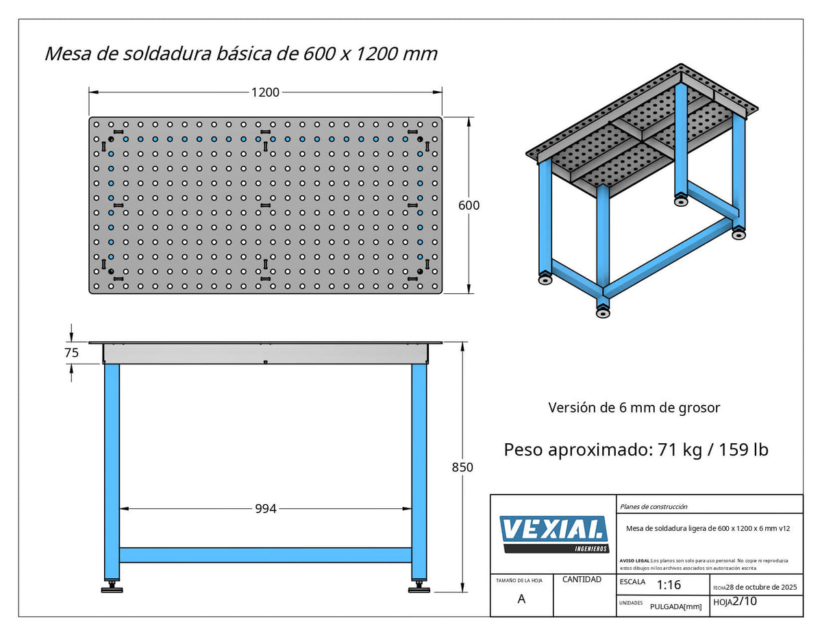 Planos para Mesa Básica de Soldadura - 1200 x 600 mm - Acero de 6mm o 1/4"