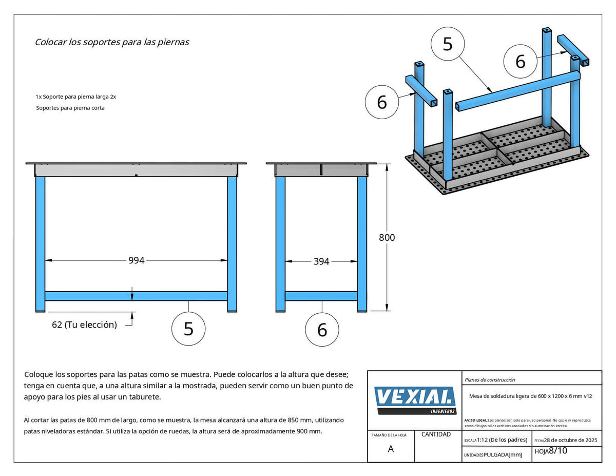 Planos para Mesa Básica de Soldadura - 1200 x 600 mm - Acero de 6mm o 1/4"