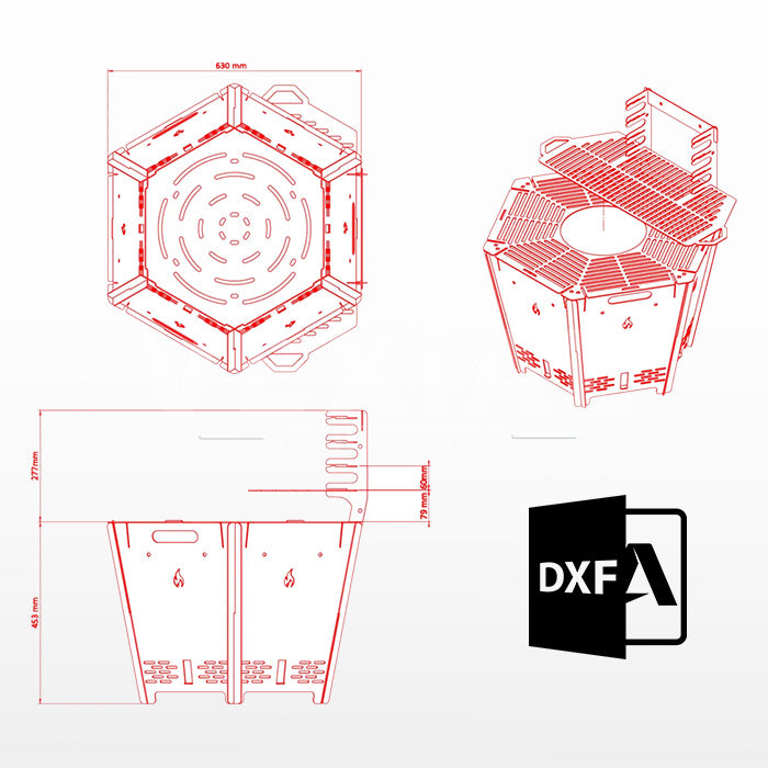 ARCHIVOS DXF PARA PARRILLA BAJA EXAGONAL PLEGABLE (469 x 469 x 453(h)+277(h)) - MALETIN