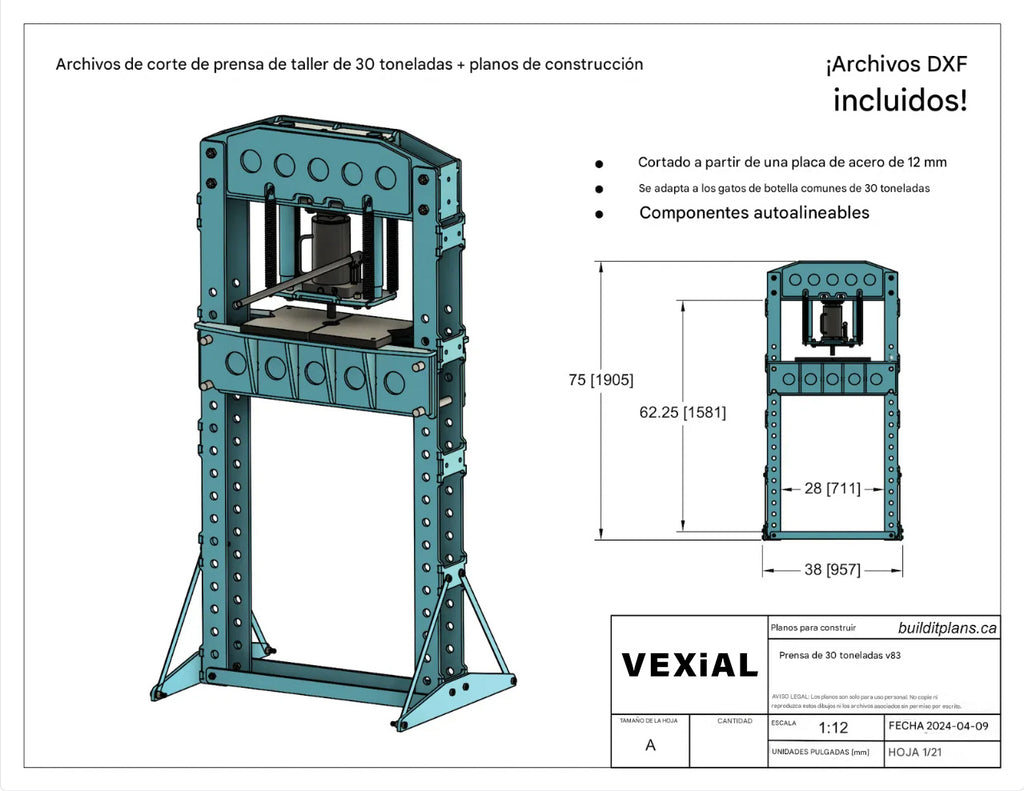 PLANOS PARA PRENSA PLEGADORA DE 30 TONELADAS (PDF + DXF) PARA TRABAJO PESADO