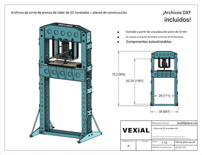PLANOS PARA PRENSA PLEGADORA DE 30 TONELADAS (PDF + DXF) PARA TRABAJO PESADO